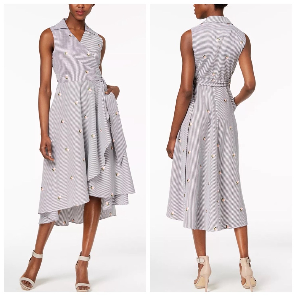 Calvin Klein Floral Embroidered Stripe Sleeveless Midi Wrap Dress Size 2